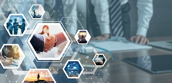 hand shake and images of meeting and working