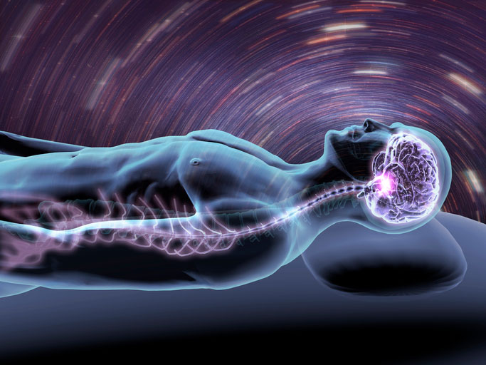 3D rendering of a brain scan with spinning lights