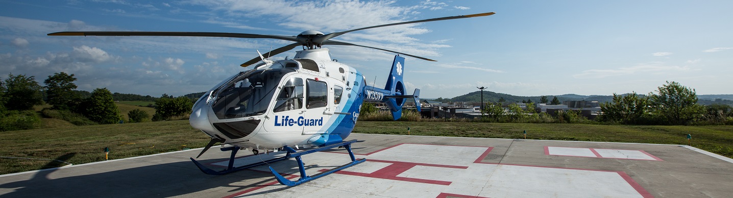 Carilion Clinic Life-Guard helicopter on helipad at CRMH Level 1 Trauma Center